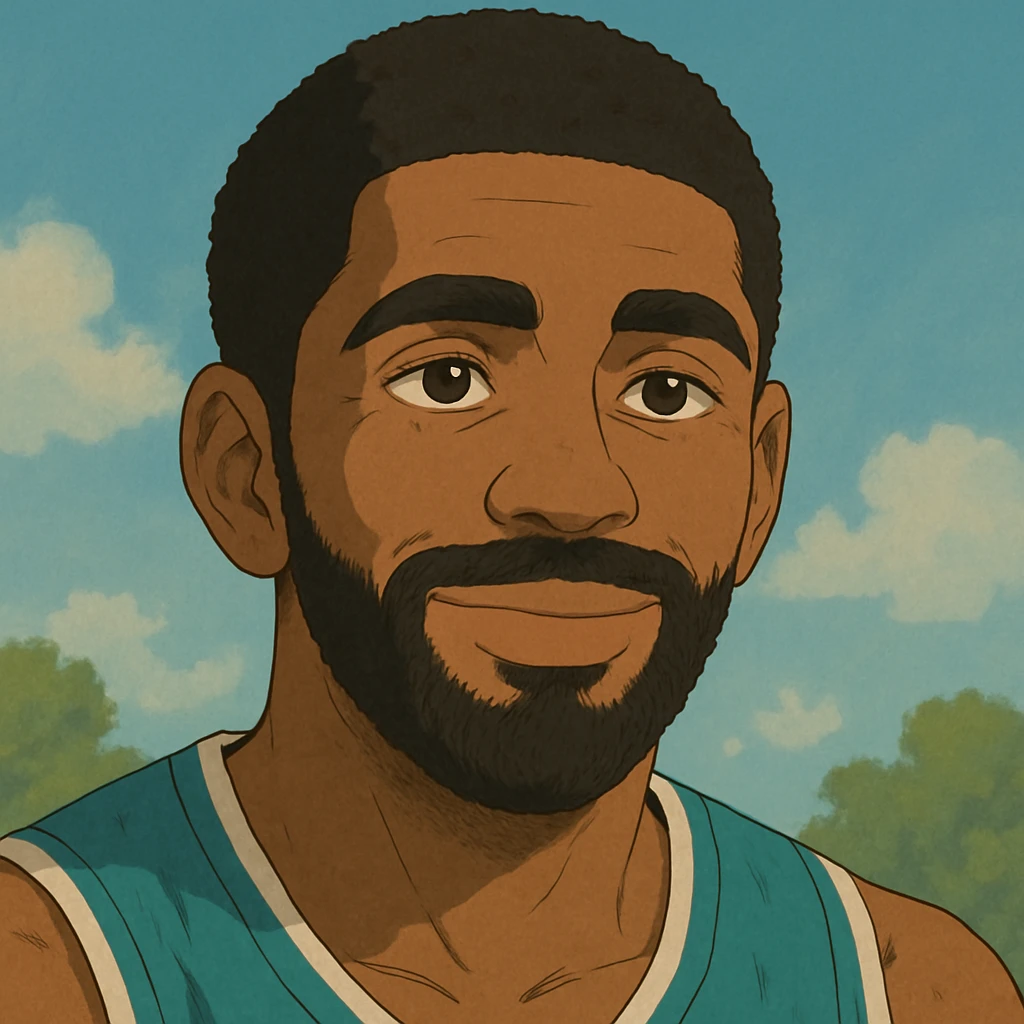 Kyrie Irving in Ghibli style, close-up portrait, gentle smile emoji