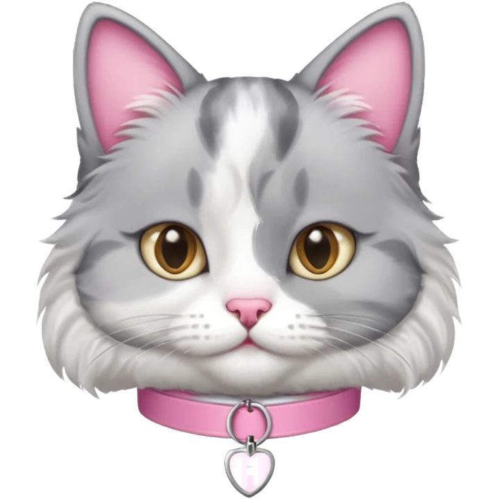 grey and white cat with name tag that says bean emoji