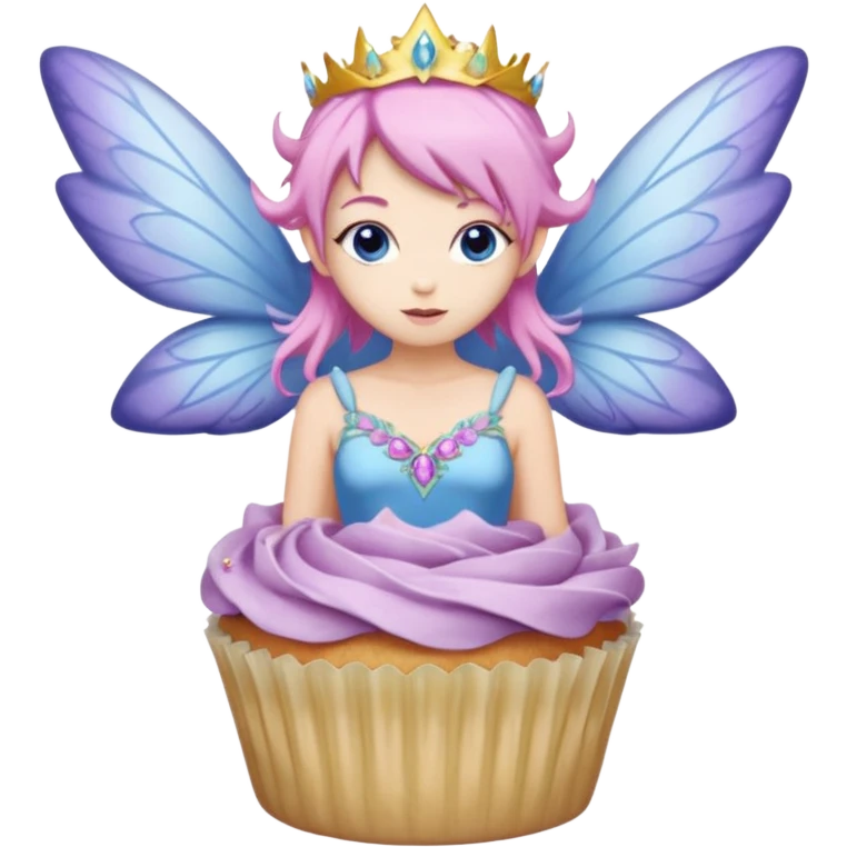 beige fairy cupcakes with yellow frosted icing on top and a enchantress fairy with pink hair and lilac wings and blue eyes wearing a dusky pink embellished gown decoration emoji