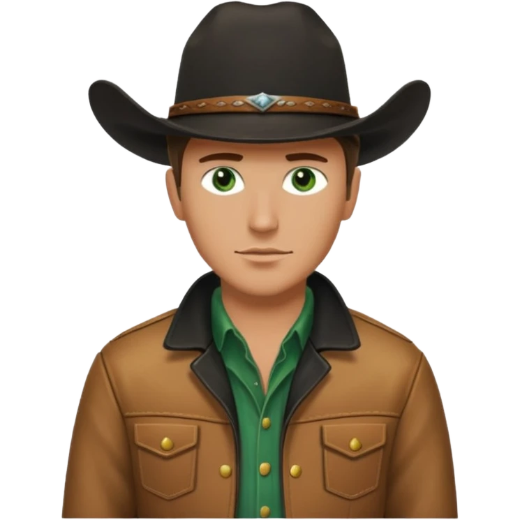 yellowstone ranch cowboy with black cowboy hat, black t-shirt, leather tan jacket, and green eyes emoji
