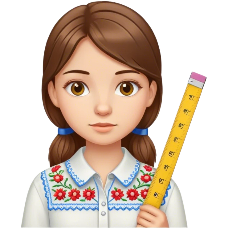 A Ukrainian girl with brown hair wearing an embroidered shirt holds a ruler emoji