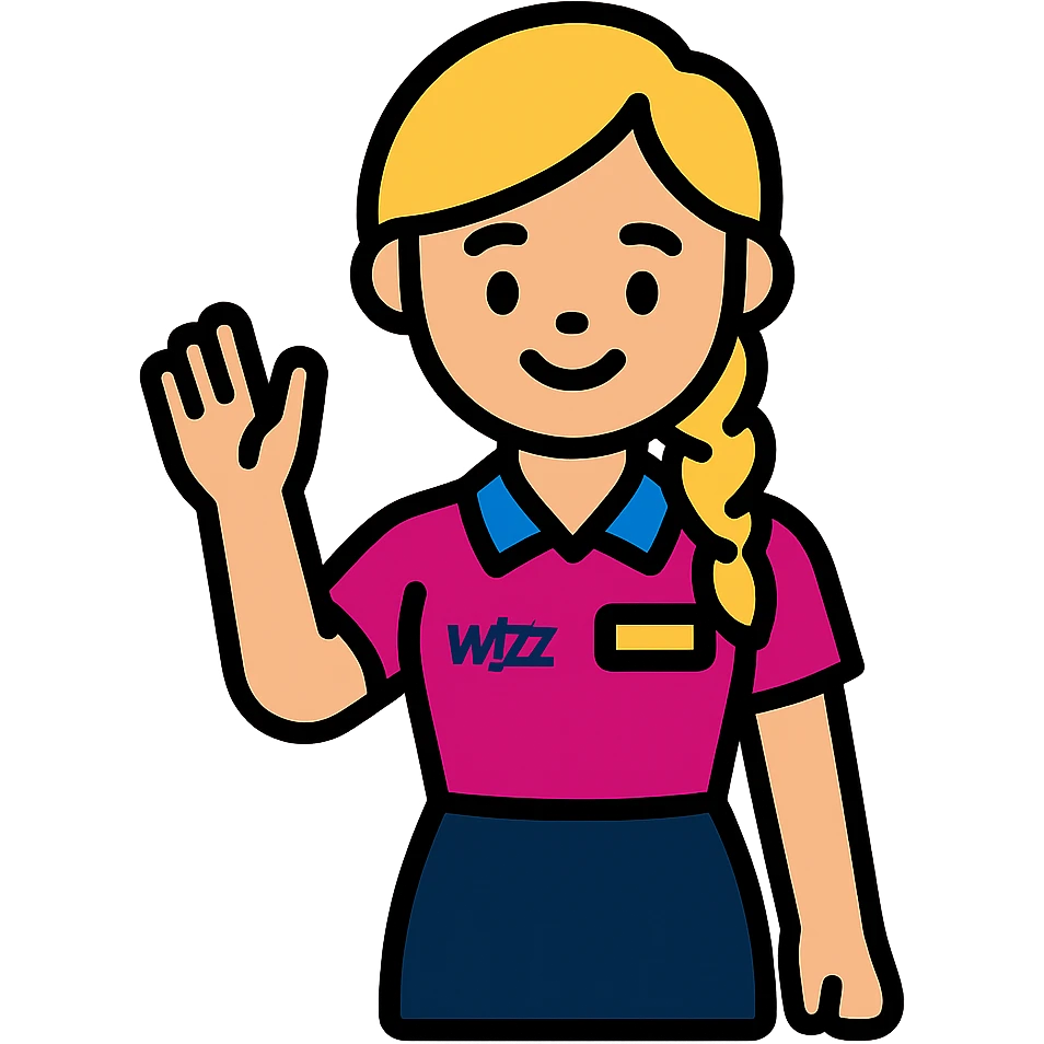 flat cartoon emoji of a smiling Wizz Air flight attendant, blonde side braid, vivid pink and blue uniform, navy skirt, name tag, upright and waving, actual colors from reference photo for uniform, hair, and skin, transparent background, stylized and welcoming emoji