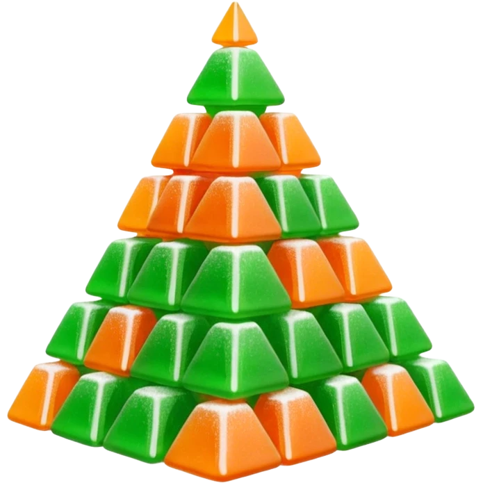 3D render of Gumdrop Pyramid, made entirely of dessert materials, glistening sugar crystal texture, stacked green and orange sugar-coated jelly candies, delicious confectionery aesthetic, Apple emoji style, isolated on white background --v 6.0. emoji