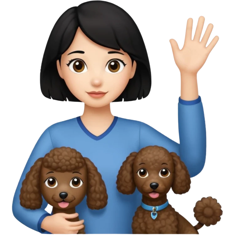 Ponytail black hair girl with brown Poodle say goodbye  emoji