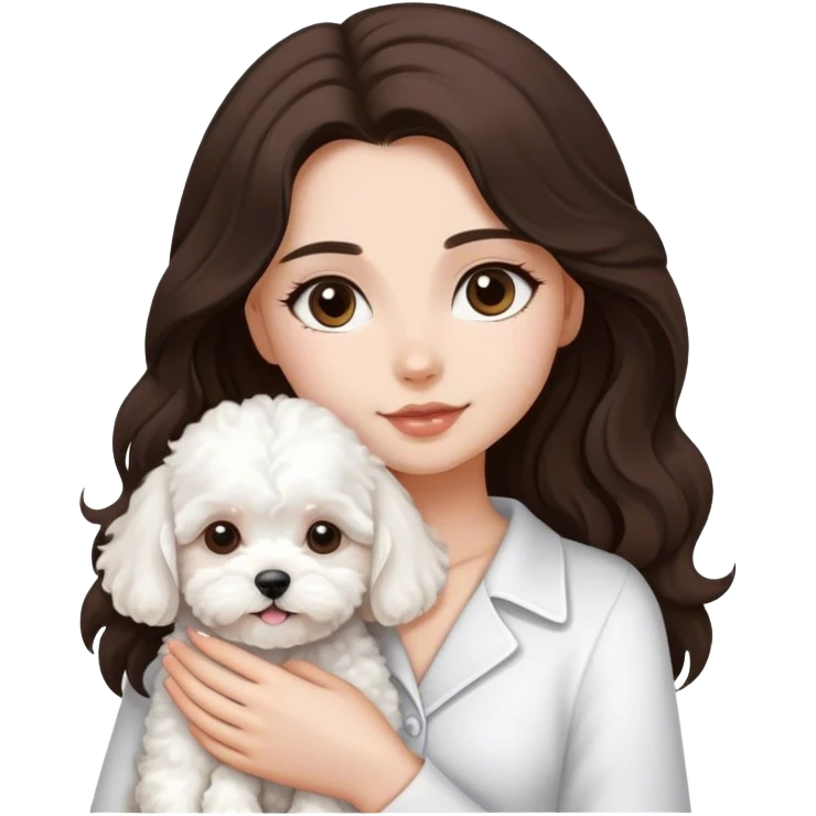una chica con el cabello marrón oscuro y semi ondulado largo con un perrito bichon maltes emoji