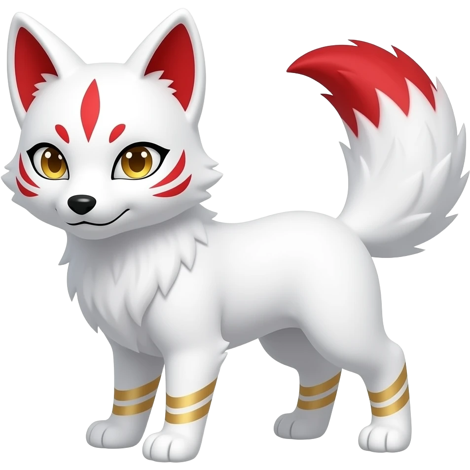 A white one-tailed Kitsune (Fox Form,) with red accents on his face, (two on each cheek and a single one on his forehead,) red on the inside of his ears, and pale golden eyes. Pure white paws, gold markings on the insides of his ears,and a red tail tip. emoji