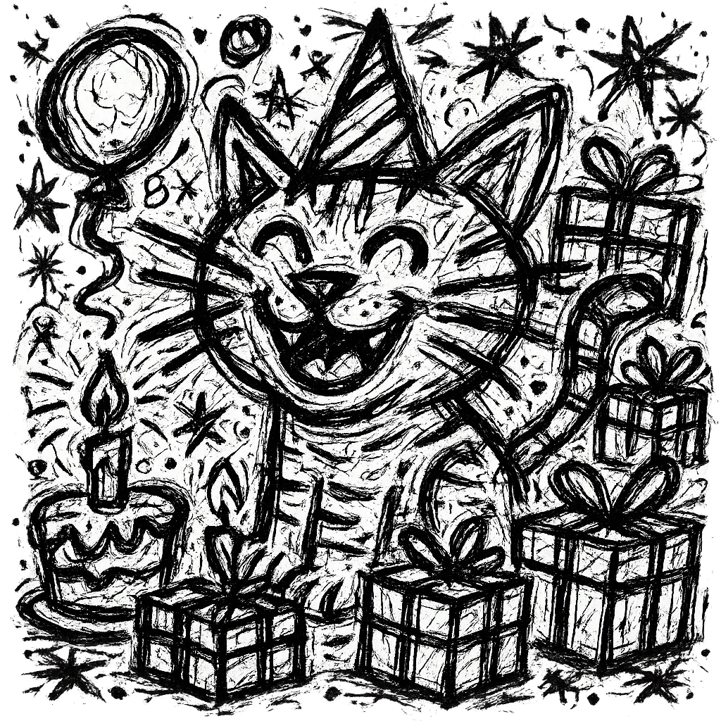 Add more gifts around the kitten, keeping the chaotic outlined style and all original elements intact emoji