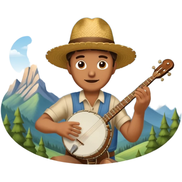 Man playing banjo, with straw hat, and mountains in the background emoji