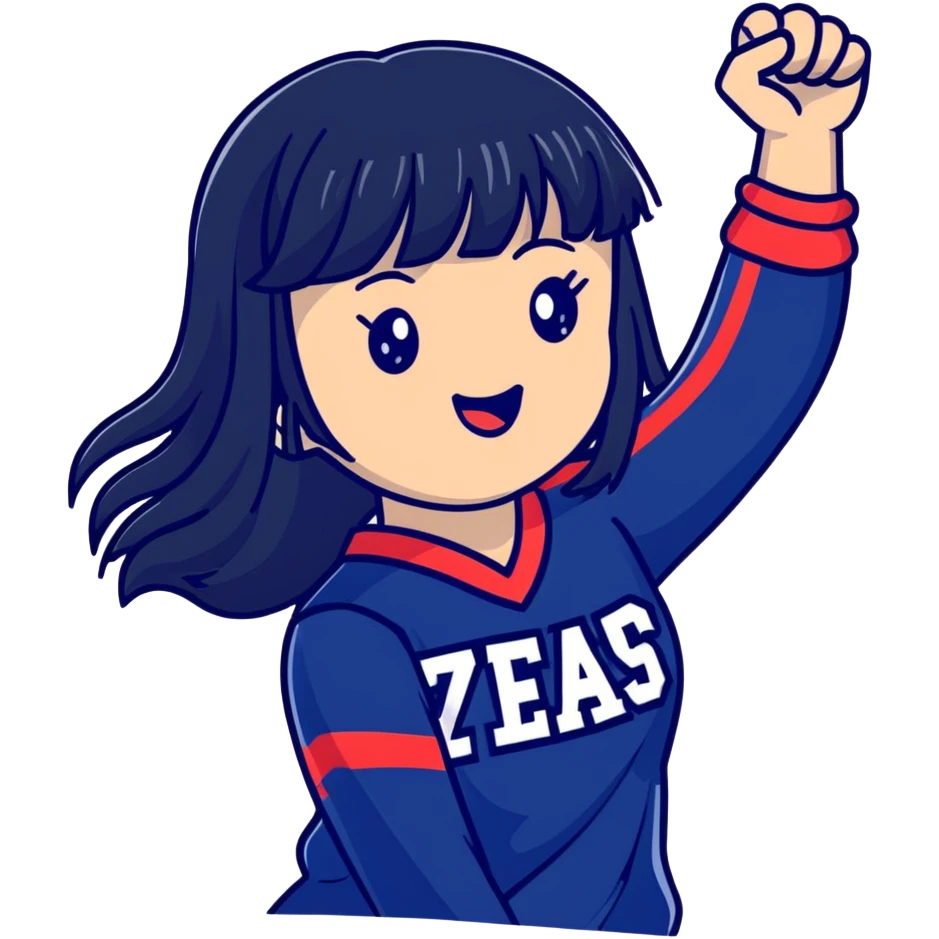 East Asian woman with long black straight hair and bangs wearing Doosan Bears team colors navy blue and red, cheering emoji