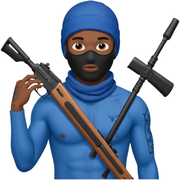 Ebony gang member in blue with no shirt tattoos ski mask covering whole face ￼ holding ar15 emoji