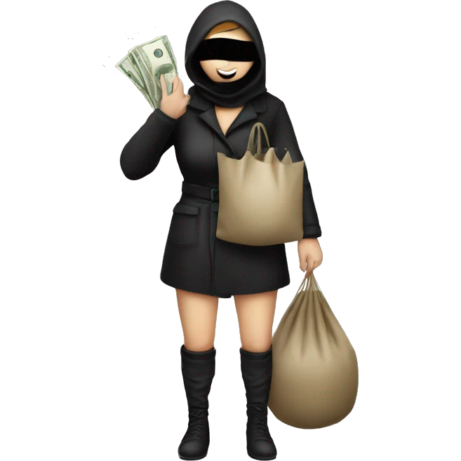 woman thief full body with a sack full of money, caucasian, mask on to cover eyes emoji