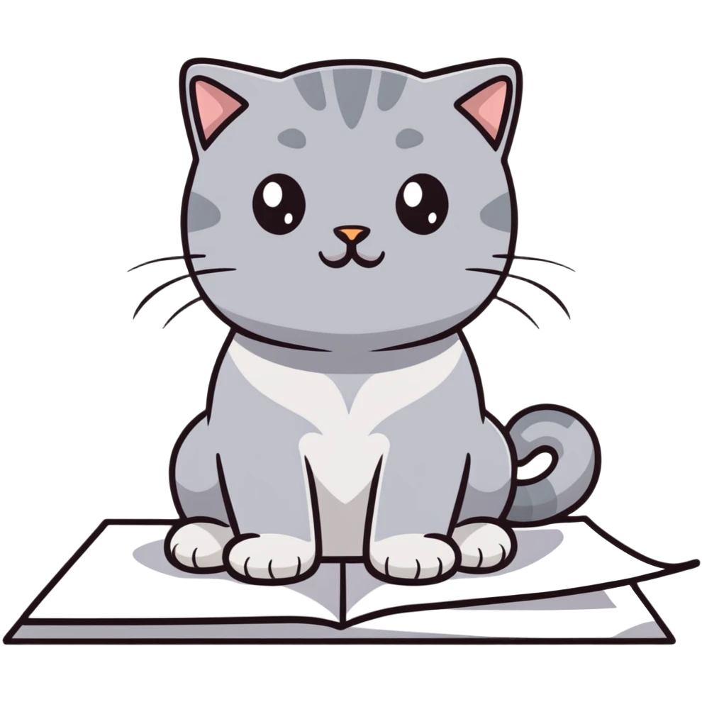 a gray Scottish fold cat sitting on a piece of paper emoji