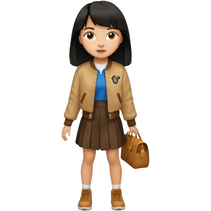 black color long hair with fringe, light skin long hair girl with brown varsity jacket and long skirt walking

 emoji