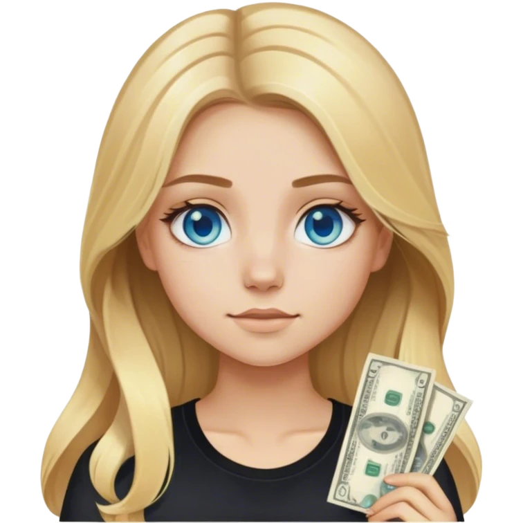 blonde polish girl, long brown to blonde ombré hair in a middle part with money pieces, blue eyes, black shirt  emoji