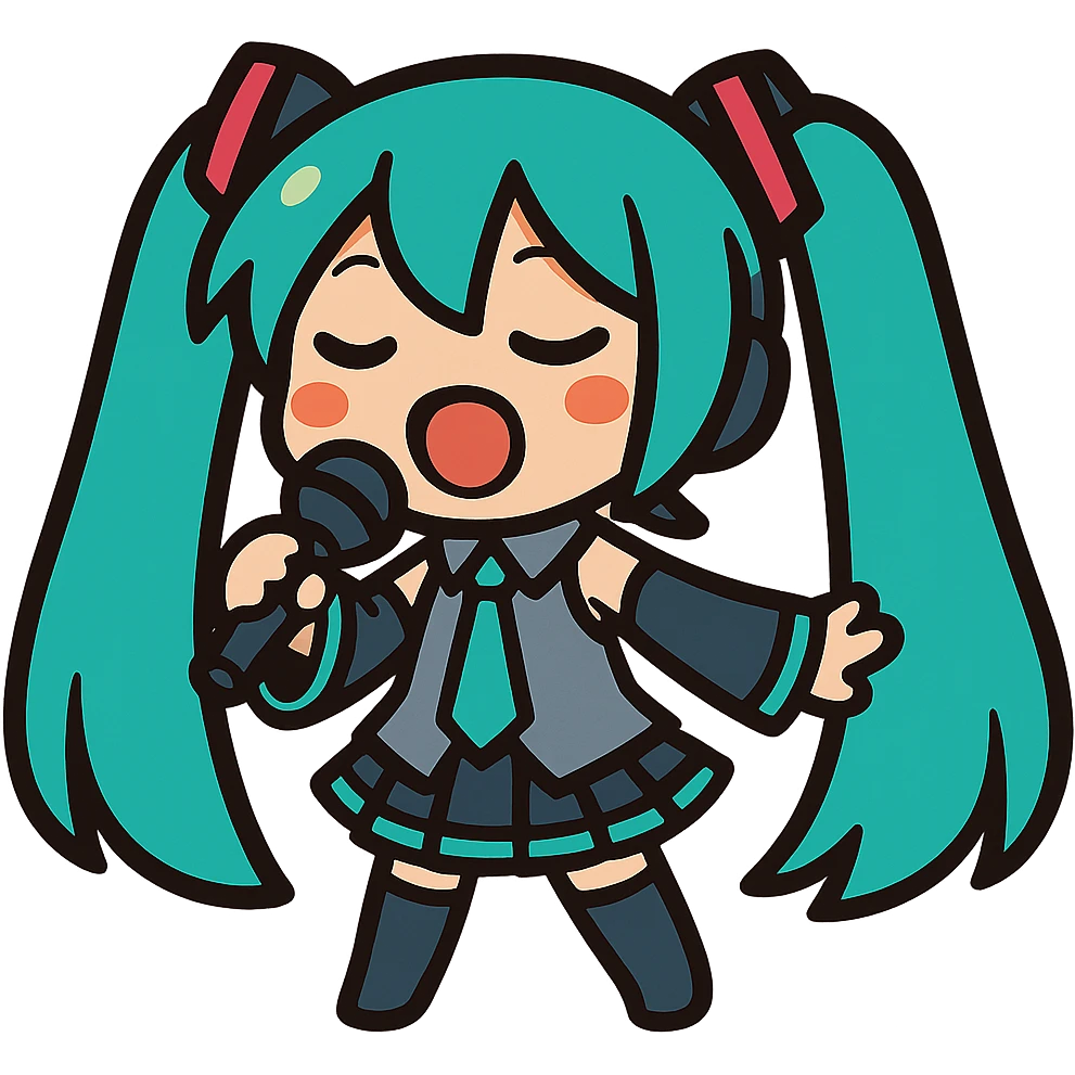 Hatsune Miku, chibi style, singing, holding a microphone, teal hair emoji