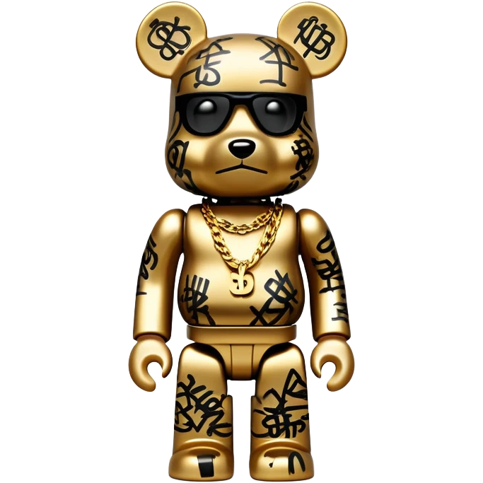 hustler bearbrick toy figure with graffiti print, X symbols instead of eyes, gold chain and money emoji