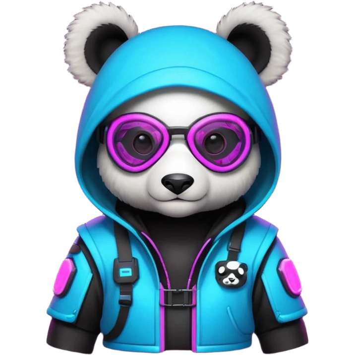 cute cyberpunk panda, neon hoodie, cyber goggles, glowing patterns, futuristic armor details, 3D cartoon, mobile game icon style, clean background, no text, no watermark
 emoji
