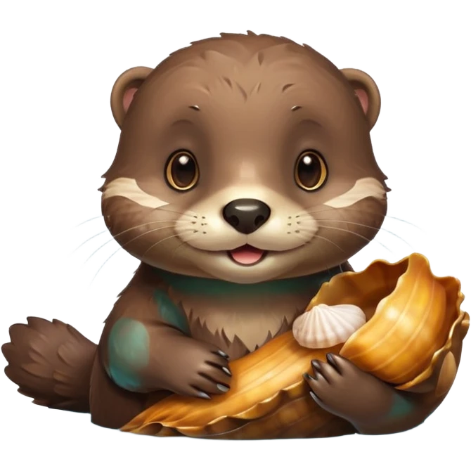 adorable otter floating on water, holding a shell emoji