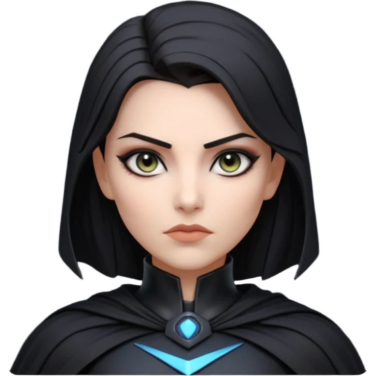 dark sci-fi villain female portrait, head and shoulders only, black armor, cape collar, intense eyes, sharp confident expression, subtle futuristic makeup, dramatic lighting, 3D cartoon, mobile game icon style, clean background, no text, no watermark
 emoji