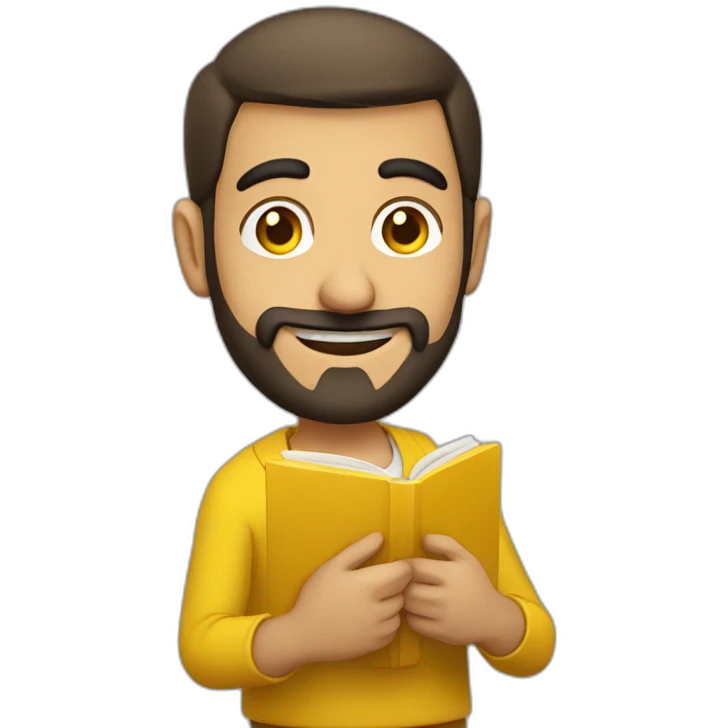 Armenian men with the yellow clothes reading book and looking at camera and smiling  emoji