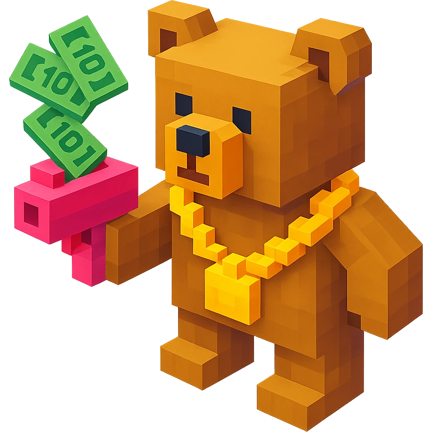 Russian grizzly bear wearing a rapper chain and holding a money gun emoji