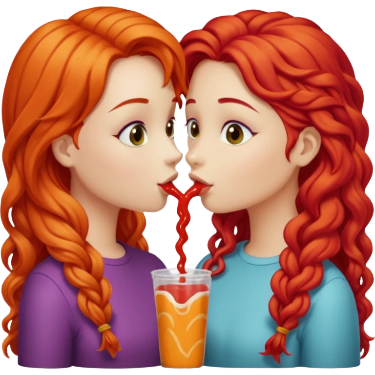two girls kissing, one with long straight hot cheeto  red hair, the other with long curly blonde hair emoji
