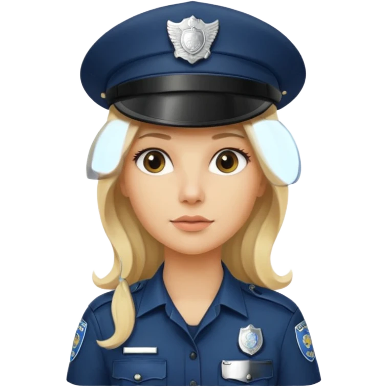 A blonde long hair woman wearing a dark police hat with a silver badge, looking straight ahead with a calm expression. emoji