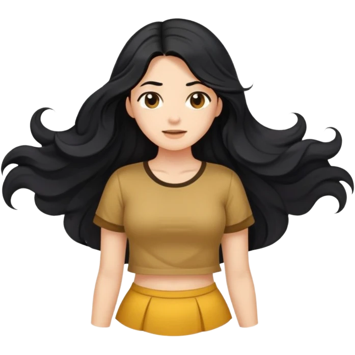 Fair skin girl - long black hair, big waves - wearing a golden brown belly-baring short-sleeved shirt emoji