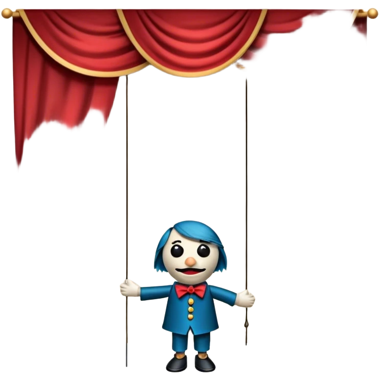 Icon for Puppet Theater: a puppet on strings with theatrical curtains in the background, along with a small stage and dramatic lighting. The icon should represent the whimsical and artistic nature of puppet performance. Transparent background. emoji