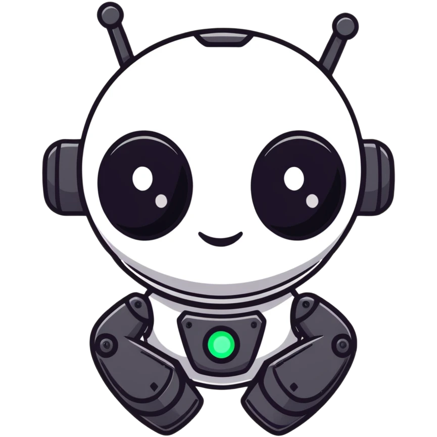friendly modern face of a black robot with bright white led eyes, smiling, non-threatening emoji