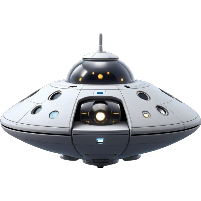 Design a simple, semi-realistic spaceship with a clean and minimalistic design. The ship should have a smooth, rounded shape with a few subtle mechanical details, like small thrusters or panels, but avoid overly complex or advanced features. Add a 'face' to the front of the ship using basic shapes, such as two circular lights for 'eyes' and a curved line or pattern for a 'smile,' giving it a friendly and approachable personality. The design should feel functional yet charming, as if the ship has its own character or consciousness. Use a plain, transparent background with no additional elements, focusing entirely on the ship. The lighting should be soft and even, highlighting the ship's 'face' and overall design. emoji