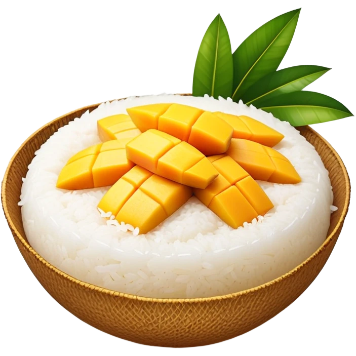 cinematic-realistic-mango-sticky-rice-dessert-emoji,-showcasing-sweet-sticky-rice out of a mould-paired-with-ripe-mango-slices-and-coconut-milk-rendered-with-lifelike-detail-and-warm,-inviting-lighting with the coconut  milk over the rice emoji