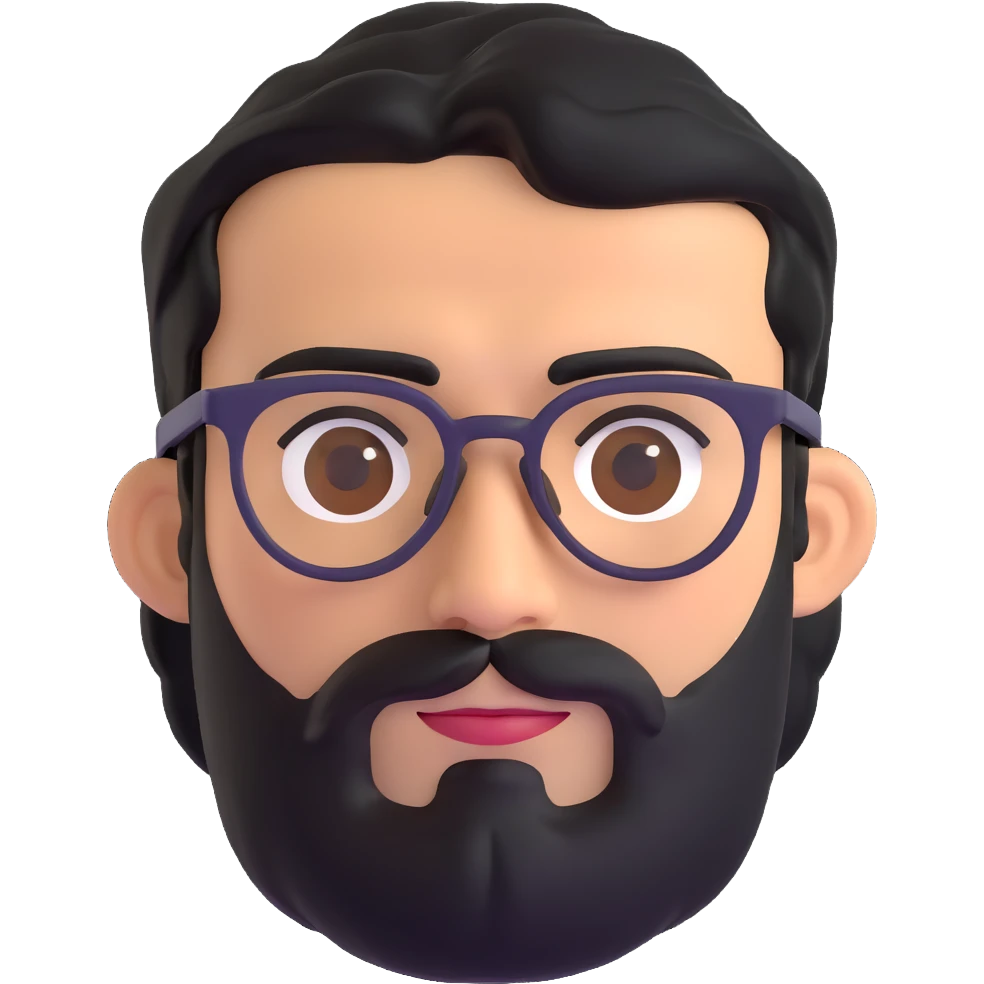 middle eastern man with medium length black beard, black hair, thick connected unibrow, tan skin, brown eyes, wearing glasses emoji