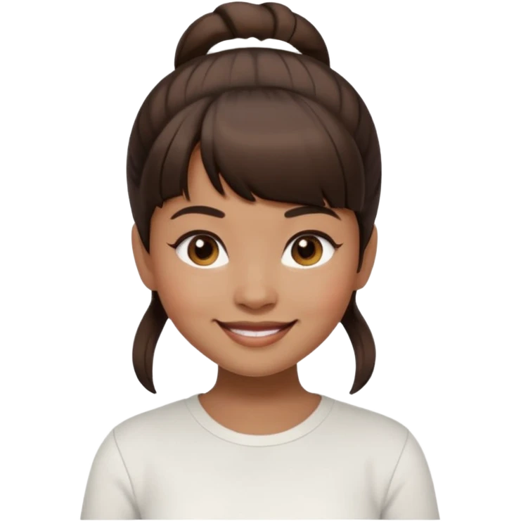In Apple Memoji format, a girl with dark brown hair. She has bangs and her hair is in a singular high bun. The girl is arab and has light brown skin. She is wearing a white shirt emoji