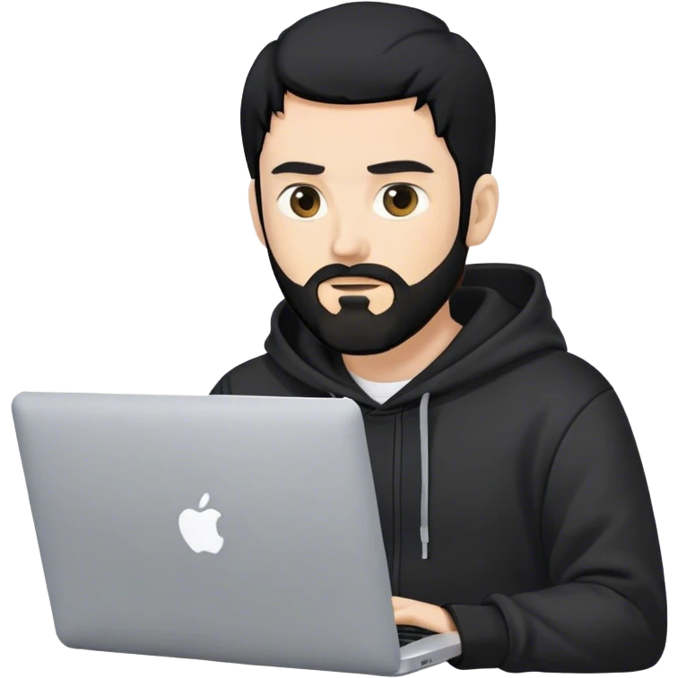 hackeur blanc cheveux noir barbe et capuche noir avec un macbook emoji