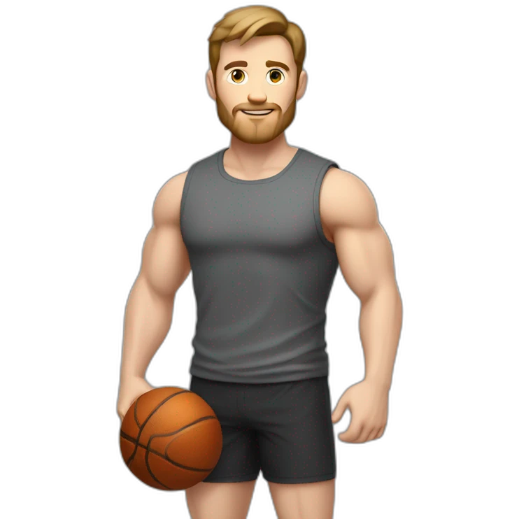 Full height Actively gesturing with hands Pale skinned Fit Man With the biceps and brown hair in dark gray Sleeveless Mike, black oversize sports shorts, watch and white Sneakers emoji