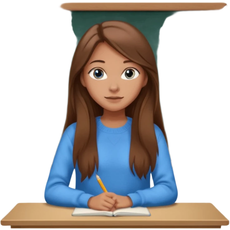 high school class room with a pretty female high school student with long brown hair, blue eyes sitting in front of the blackboard emoji