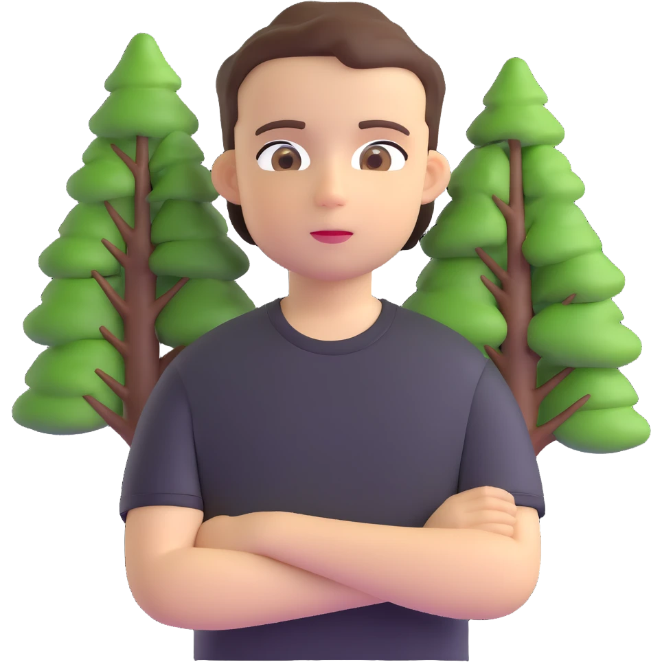 boy with straight short brunette hair brown eyes black tshirt on and tree behind emoji