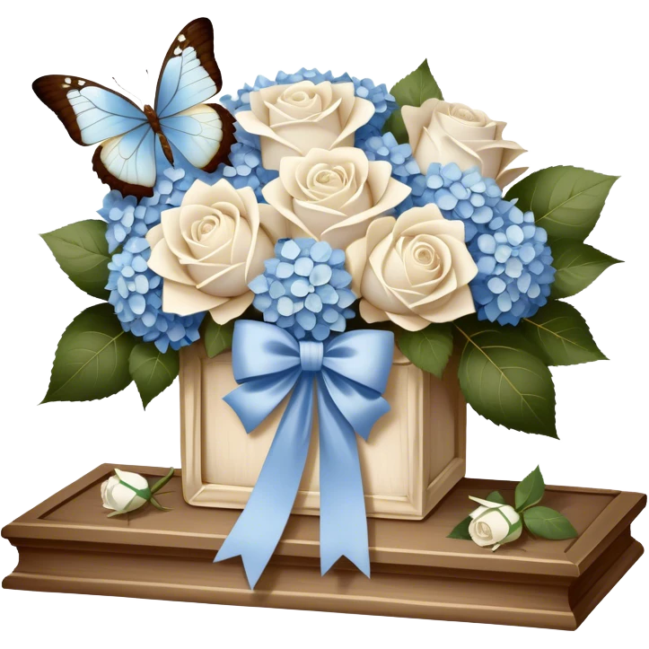 An antique wooden windowsill adorned with an elegant arrangement of white roses and soft blue hydrangeas. A silk bow in muted beige is loosely tied around the bouquet, while a translucent butterfly with pearlescent wings delicately lands on the petals. emoji