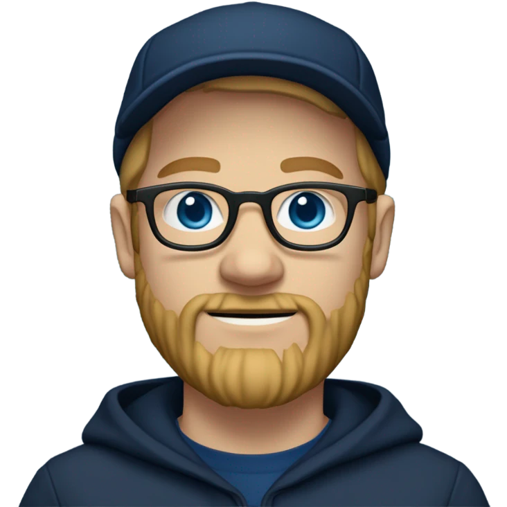 a white dude with blue eyes a dirty blonde beard and sideburns and thin frame glasses wearing a black newsboy hat a navy blue pull over hoodie and dark blue t shirt emoji