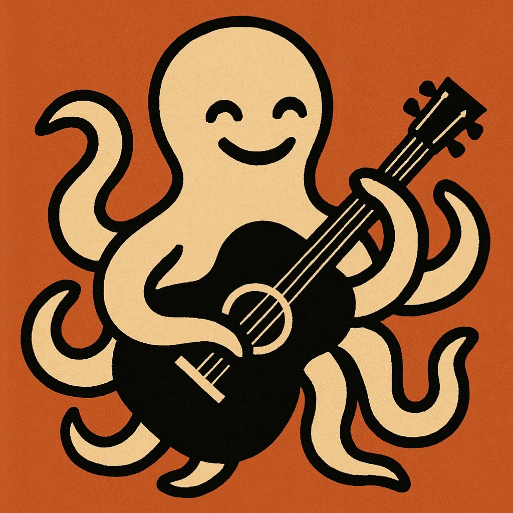happy octopus with multiple arms playing guitar emoji