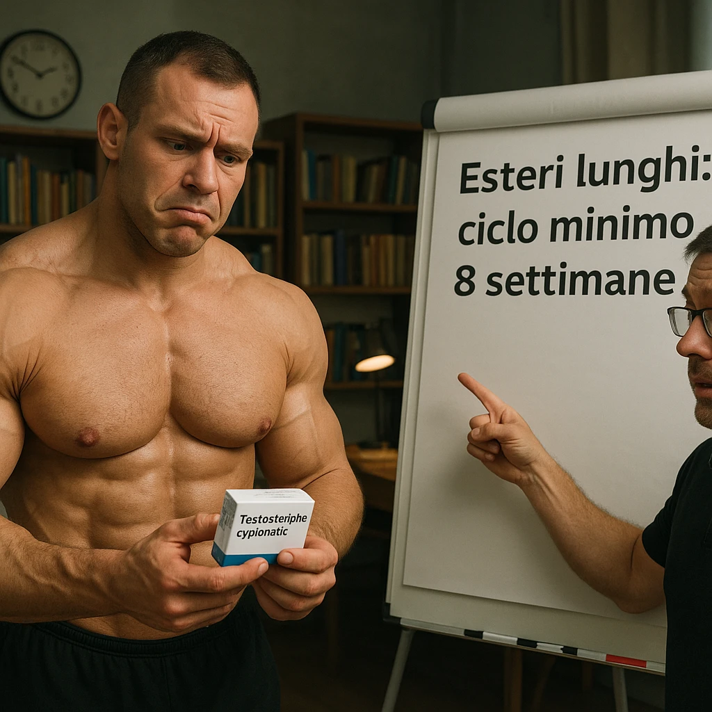 realistic muscular bodybuilder holding a box labeled 'Testosterone cypionato', confused expression, coach pointing at a chart with Italian text 'Esteri lunghi: ciclo minimo 8 settimane', correction atmosphere, study room background, 4K quality emoji