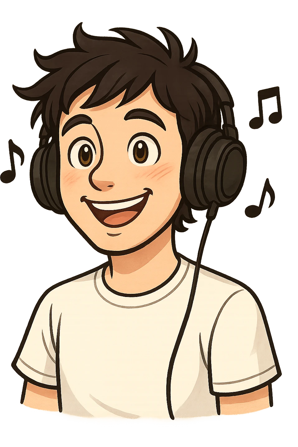 Edit the image of the guy to have messy hair, wearing a white t-shirt, with music notes coming out of the headphones, and lighter colored eyes. Keep the happy expression and transparent background. Maintain the original style as much as possible. emoji
