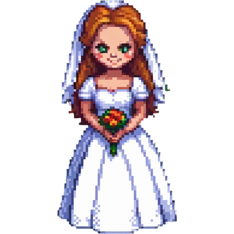 Chucky's bride in a wedding dress standing and smiling in pixel art style emoji