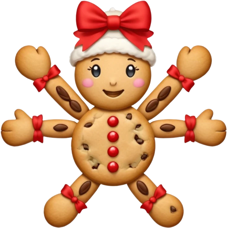 Christmas cookie with arms and legs but and red bow on her head emoji