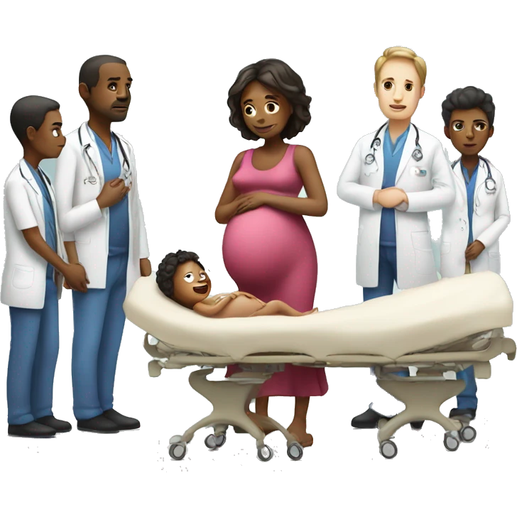 a pregnant woman gives birth and doctors stand nearby emoji