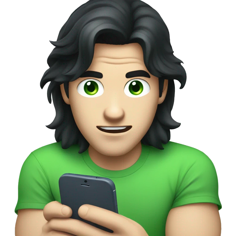 a guy with blue eyes, long black hair, white skin, green tshirt, with a phone in his hand, looking at his phone hypnotised. emoji