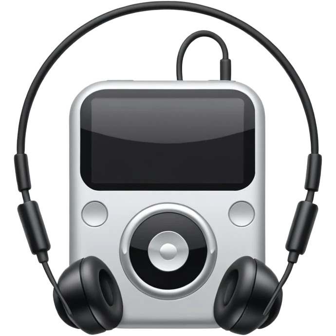 Futuristic iPod emoji with earphones, metallic black and white, smooth reflective surfaces, flat minimal vector design, clean UI style emoji