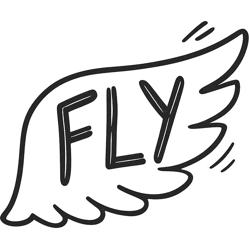 hand-drawn wing with FLY written across the feathers, sketchy and playful style, black outlined hand-drawn icon, no color emoji