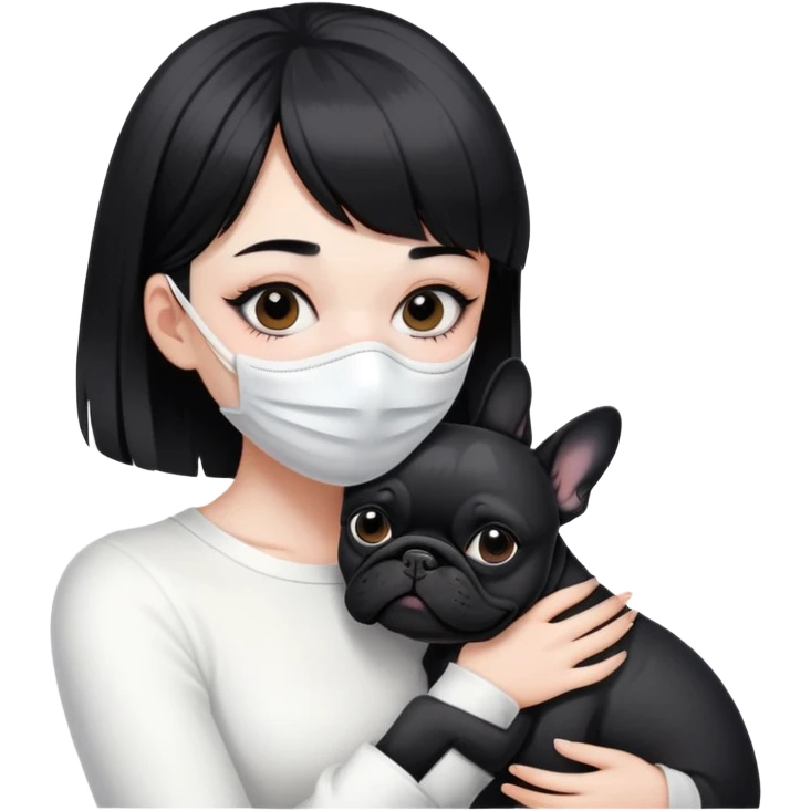 girl with short black straight bangs hair wearing a white mask and hugging one black French bulldoge  emoji